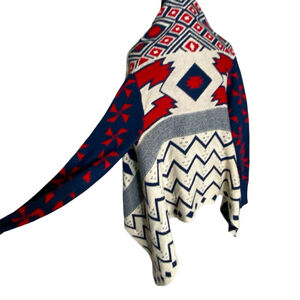 Nordic Aztec Style Design Knit Open Front Cardigan Navy Blue Red Cream Medium